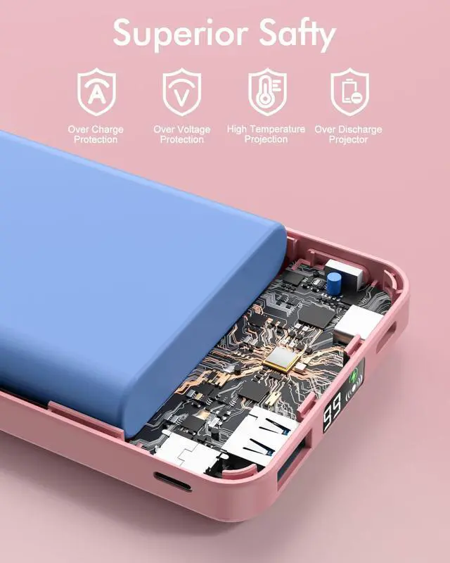 Alt view image 6 of 6 - for Magsafe Battery Pack, Foldable 10000mAh Magnetic Power Bank with USB-C Cable LED Display 22.5W PD Fast Charging Wireless Portable Charger for iPhone 17/16/15/14/13/12 Series-Pink