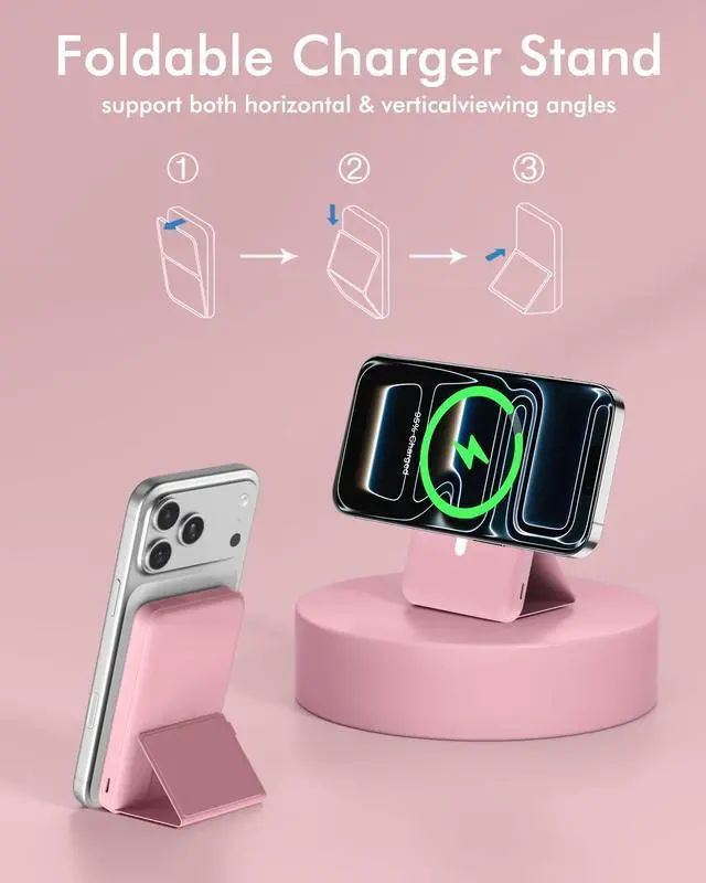 Alt view image 3 of 6 - for Magsafe Battery Pack, Foldable 10000mAh Magnetic Power Bank with USB-C Cable LED Display 22.5W PD Fast Charging Wireless Portable Charger for iPhone 17/16/15/14/13/12 Series-Pink