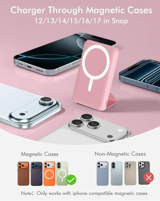 Alt view image 2 of 6 - for Magsafe Battery Pack, Foldable 10000mAh Magnetic Power Bank with USB-C Cable LED Display 22.5W PD Fast Charging Wireless Portable Charger for iPhone 17/16/15/14/13/12 Series-Pink