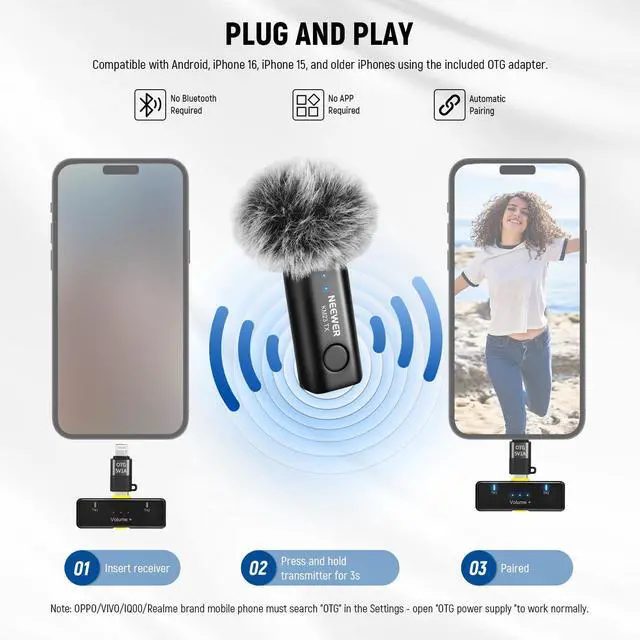Alt view image 5 of 7 - Lavalier Wireless Microphone System, 1x USB C Receiver with OTG Adapter & 2X Noise Cancelling Omnidirectional Condenser Transmitter Compatible with iPhone 16 Pro Max S24 Ultra, KM23