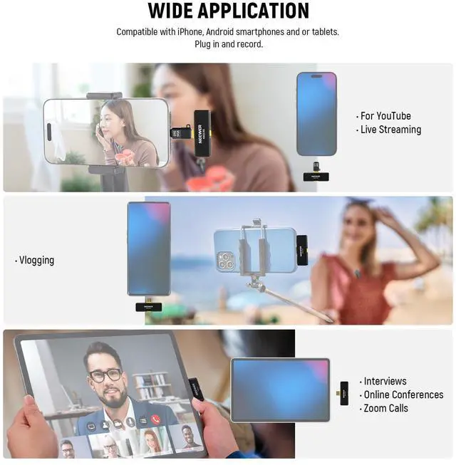 Alt view image 7 of 7 - Lavalier Wireless Microphone System, 1x USB C Receiver with OTG Adapter & 2X Noise Cancelling Omnidirectional Condenser Transmitter Compatible with iPhone 16 Pro Max S24 Ultra, KM23