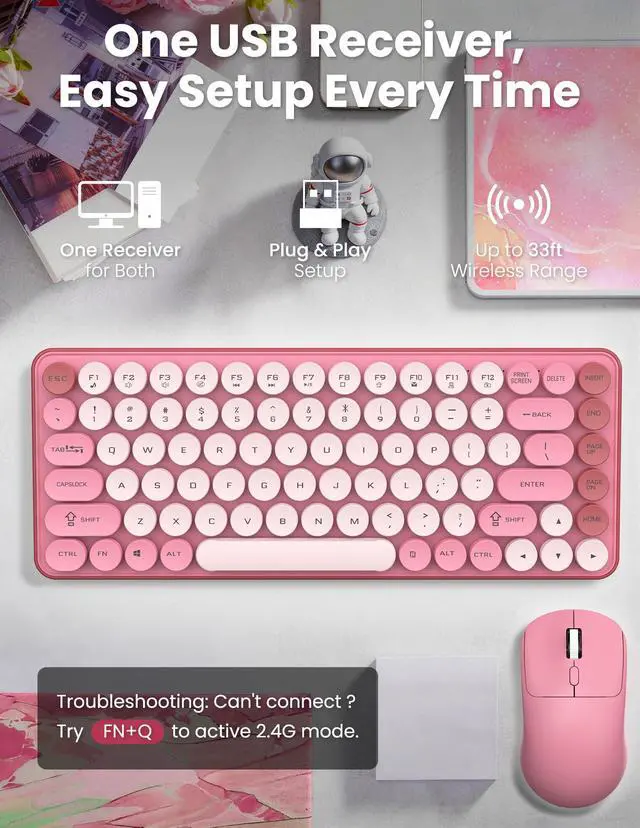 Alt view image 3 of 6 - Wireless Keyboard and Mouse Combo, Round Keycaps, 85 Keys Retro Typewriter Keyboard, Bluetooth/2.4GHz Modes, Compact & Ergonomic, Compatible with PC/Desktop/Laptop/Windows, US Layout, Pink