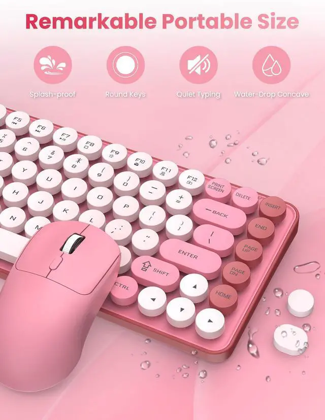 Alt view image 2 of 6 - Wireless Keyboard and Mouse Combo, Round Keycaps, 85 Keys Retro Typewriter Keyboard, Bluetooth/2.4GHz Modes, Compact & Ergonomic, Compatible with PC/Desktop/Laptop/Windows, US Layout, Pink