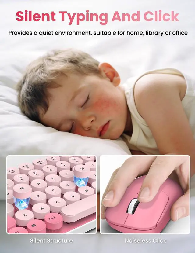 Alt view image 5 of 6 - Wireless Keyboard and Mouse Combo, Round Keycaps, 85 Keys Retro Typewriter Keyboard, Bluetooth/2.4GHz Modes, Compact & Ergonomic, Compatible with PC/Desktop/Laptop/Windows, US Layout, Pink