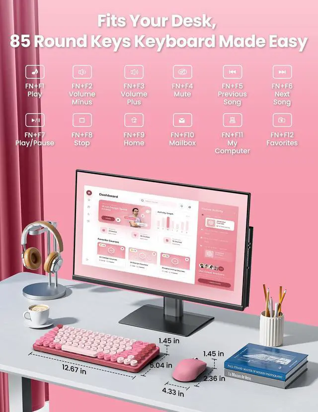 Alt view image 6 of 6 - Wireless Keyboard and Mouse Combo, Round Keycaps, 85 Keys Retro Typewriter Keyboard, Bluetooth/2.4GHz Modes, Compact & Ergonomic, Compatible with PC/Desktop/Laptop/Windows, US Layout, Pink