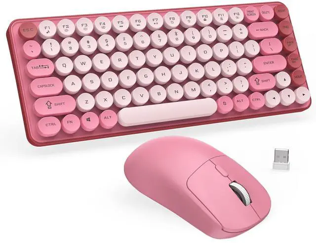 Main image of Wireless Keyboard and Mouse Combo, Round Keycaps, 85 Keys Retro Typewriter Keyboard, Bluetooth/2.4GHz Modes, Compact & Ergonomic, Compatible with PC/Desktop/Laptop/Windows, US Layout, Pink