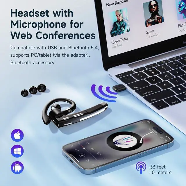 Alt view image 4 of 6 - Bluetooth Earpiece V6.1,Single-Ear Bluetooth Headset with USB Dongle,10H Talk Time and 4H Playtime via USB,Wireless Handsfree Headset with Mic for Android,iOS,Laptop,Office,Truck Driver