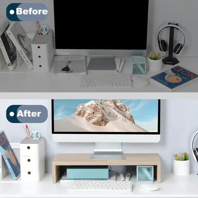 Alt view image 5 of 6 - 20 Inch Wood Monitor Stand Riser, Wooden Desktop Stand for PC/TV/Laptop/Printer, Cozy Monitor Riser with Storage, Computer Stand Space-Saving