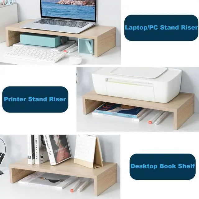 Alt view image 3 of 6 - 20 Inch Wood Monitor Stand Riser, Wooden Desktop Stand for PC/TV/Laptop/Printer, Cozy Monitor Riser with Storage, Computer Stand Space-Saving