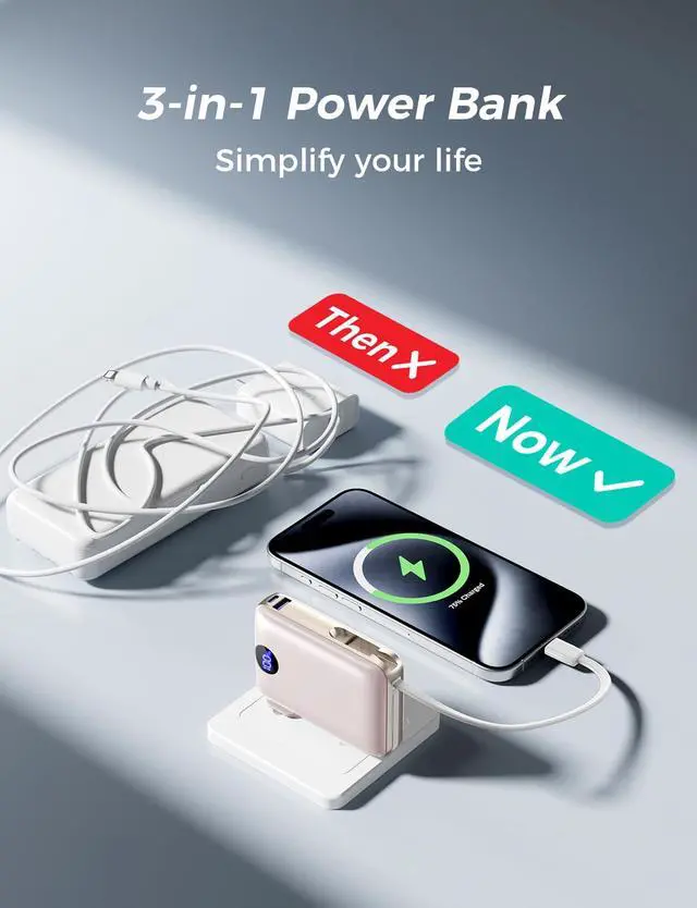 Alt view image 2 of 7 - Portable Charger with Built-in Cables & Wall Plug, 10000mAh Power Bank, 4 Outputs 22.5W USB C Fast Charging, Mini Travel Essentials Battery Pack with LED Display for iPhone/iPad/Samsung etc RoseGlod