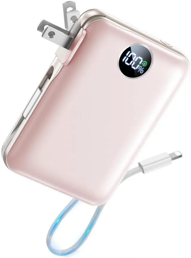 Main image of Portable Charger with Built-in Cables & Wall Plug, 10000mAh Power Bank, 4 Outputs 22.5W USB C Fast Charging, Mini Travel Essentials Battery Pack with LED Display for iPhone/iPad/Samsung etc RoseGlod
