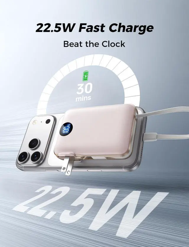 Alt view image 3 of 7 - Portable Charger with Built-in Cables & Wall Plug, 10000mAh Power Bank, 4 Outputs 22.5W USB C Fast Charging, Mini Travel Essentials Battery Pack with LED Display for iPhone/iPad/Samsung etc RoseGlod