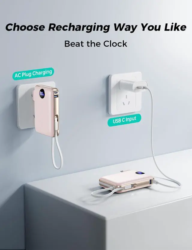 Alt view image 4 of 7 - Portable Charger with Built-in Cables & Wall Plug, 10000mAh Power Bank, 4 Outputs 22.5W USB C Fast Charging, Mini Travel Essentials Battery Pack with LED Display for iPhone/iPad/Samsung etc RoseGlod