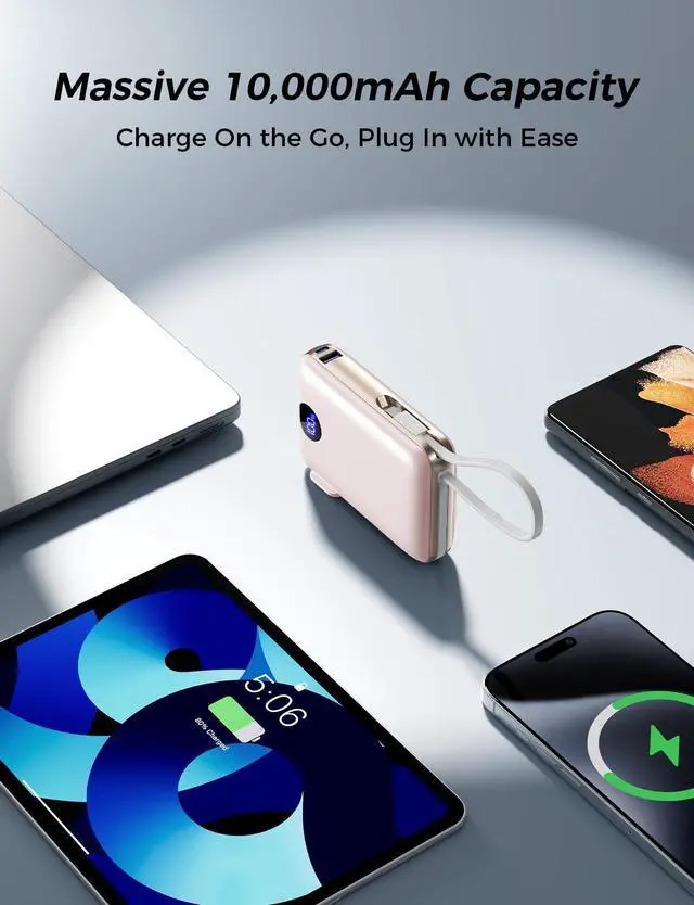 Alt view image 5 of 7 - Portable Charger with Built-in Cables & Wall Plug, 10000mAh Power Bank, 4 Outputs 22.5W USB C Fast Charging, Mini Travel Essentials Battery Pack with LED Display for iPhone/iPad/Samsung etc RoseGlod