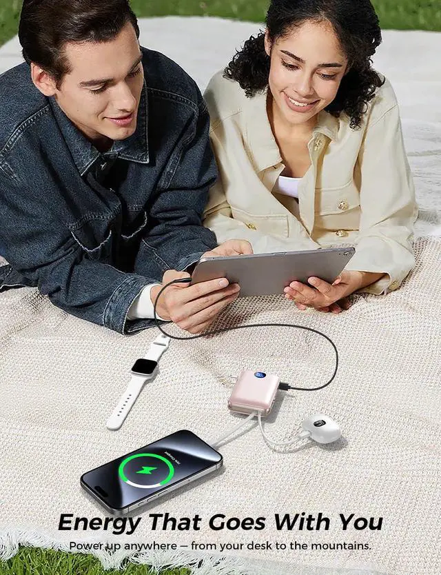 Alt view image 7 of 7 - Portable Charger with Built-in Cables & Wall Plug, 10000mAh Power Bank, 4 Outputs 22.5W USB C Fast Charging, Mini Travel Essentials Battery Pack with LED Display for iPhone/iPad/Samsung etc RoseGlod