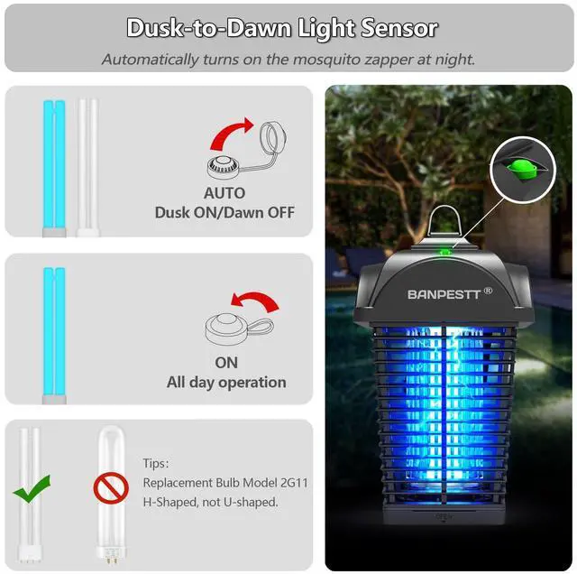 Alt view image 3 of 6 - Bug Zapper Outdoor - Plug in Electric 4000V Mosquito Killer - Waterproof Indoor/Outdoor with Dusk-to-Dawn Sensor, Durable Grid & Easy-Clean Tray for Patio, Garden & Home (Black)