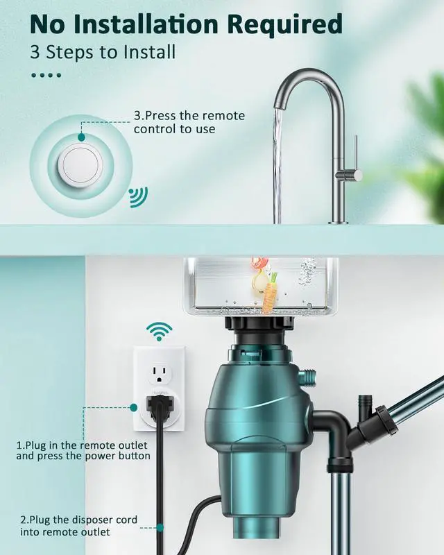 Alt view image 3 of 7 - Wireless Garbage Disposal Switch Kit, Remote Control Outlet, Garbage Disposal Button, 500ft RF Range Waterproof, 15A 1500W, No Drilling Sink Top, for Food Waste Disposer and Home Appliances