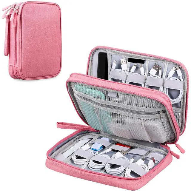 Main image of Electronic Cable Organizer Bag, Large Travel Cord Storage Case for Charger, Power Bank, Cables & Tech Accessories (Large, Dark Pink)