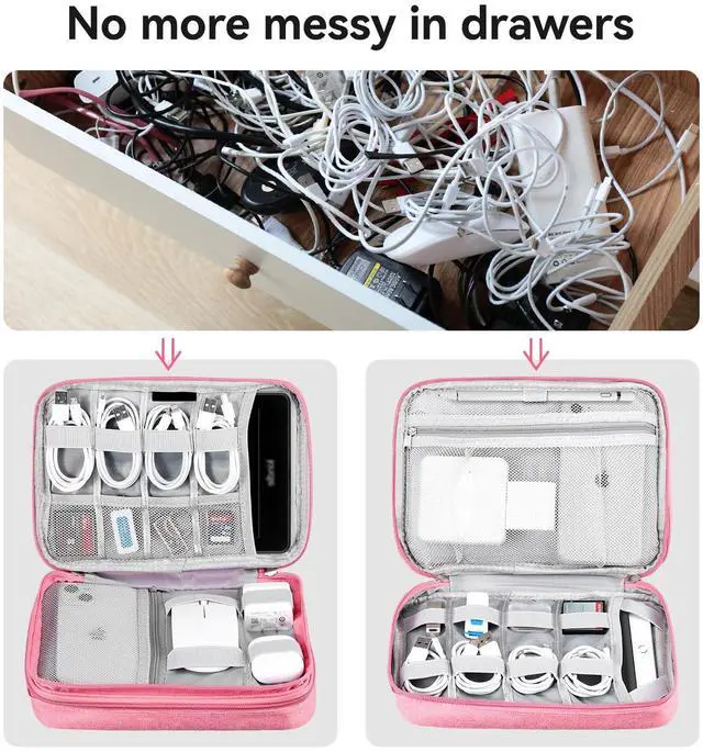 Alt view image 4 of 7 - Electronic Cable Organizer Bag, Large Travel Cord Storage Case for Charger, Power Bank, Cables & Tech Accessories (Large, Dark Pink)