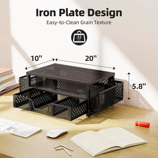 Alt view image 2 of 7 - Desk Organizer and Accessories, 2 Tier Computer Metal Monitor Stand Riser with Drawer and Pen Holder for Laptop, Computer, iMac, Black