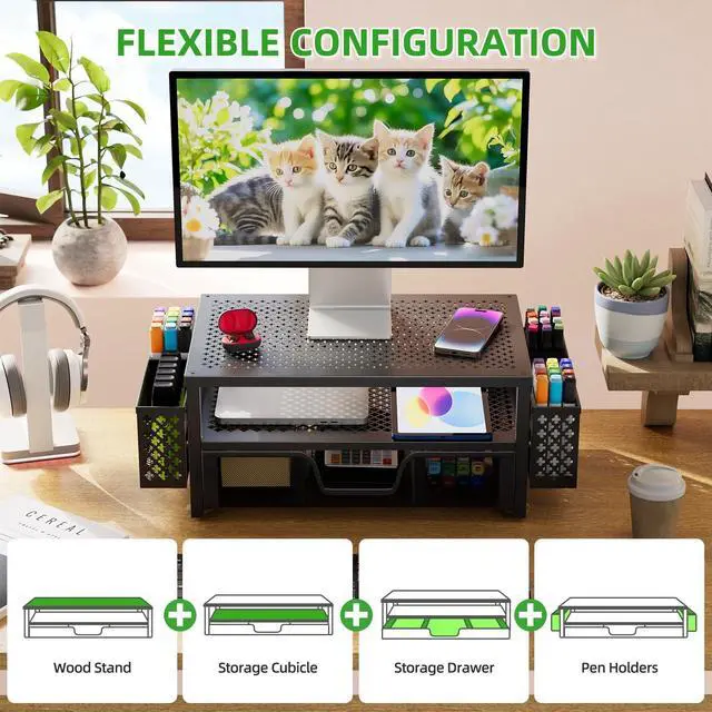 Alt view image 3 of 7 - Desk Organizer and Accessories, 2 Tier Computer Metal Monitor Stand Riser with Drawer and Pen Holder for Laptop, Computer, iMac, Black