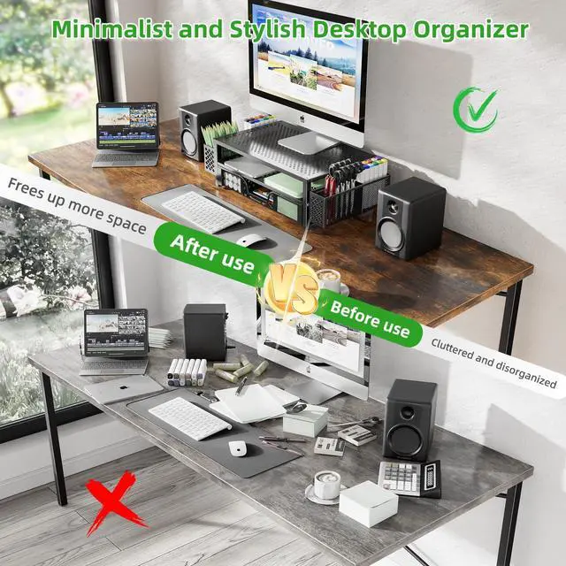 Alt view image 4 of 7 - Desk Organizer and Accessories, 2 Tier Computer Metal Monitor Stand Riser with Drawer and Pen Holder for Laptop, Computer, iMac, Black