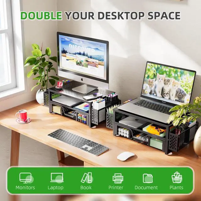 Alt view image 6 of 7 - Desk Organizer and Accessories, 2 Tier Computer Metal Monitor Stand Riser with Drawer and Pen Holder for Laptop, Computer, iMac, Black