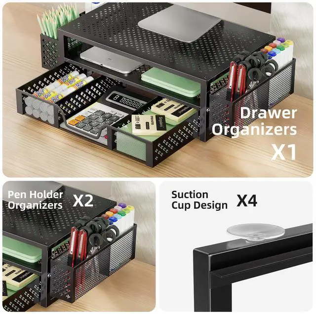 Alt view image 7 of 7 - Desk Organizer and Accessories, 2 Tier Computer Metal Monitor Stand Riser with Drawer and Pen Holder for Laptop, Computer, iMac, Black