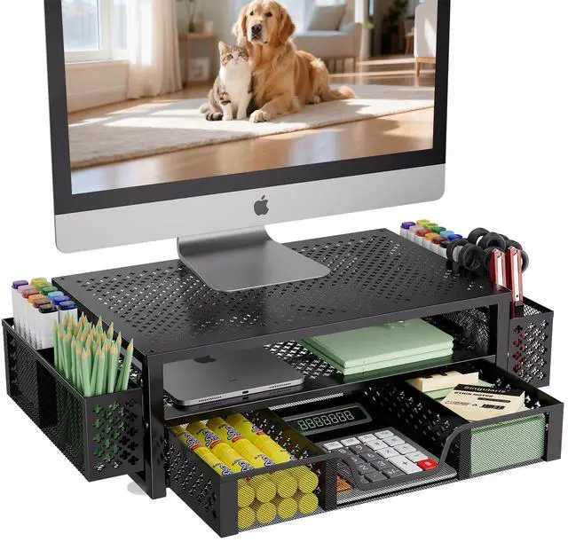Main image of Desk Organizer and Accessories, 2 Tier Computer Metal Monitor Stand Riser with Drawer and Pen Holder for Laptop, Computer, iMac, Black