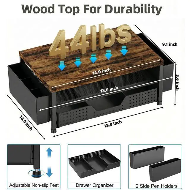 Alt view image 2 of 7 - Wood Desk Organizer, 2-Tier Computer Monitor Stand Riser with Storage Drawer and 2 Pen Holders, Laptop & Printer Stand, Shelf for Top of Desk (Rustic Brown)