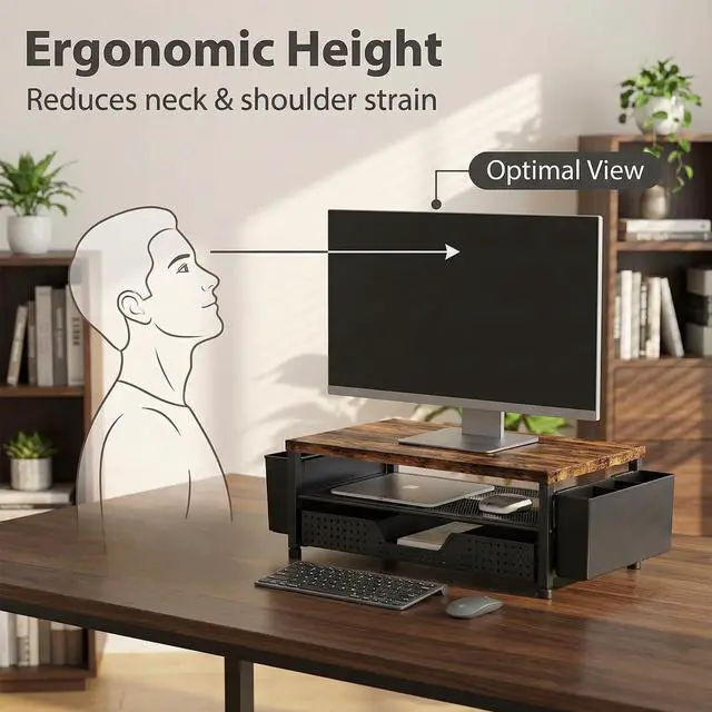Alt view image 3 of 7 - Wood Desk Organizer, 2-Tier Computer Monitor Stand Riser with Storage Drawer and 2 Pen Holders, Laptop & Printer Stand, Shelf for Top of Desk (Rustic Brown)