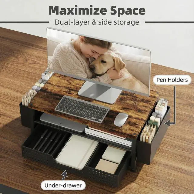 Alt view image 4 of 7 - Wood Desk Organizer, 2-Tier Computer Monitor Stand Riser with Storage Drawer and 2 Pen Holders, Laptop & Printer Stand, Shelf for Top of Desk (Rustic Brown)