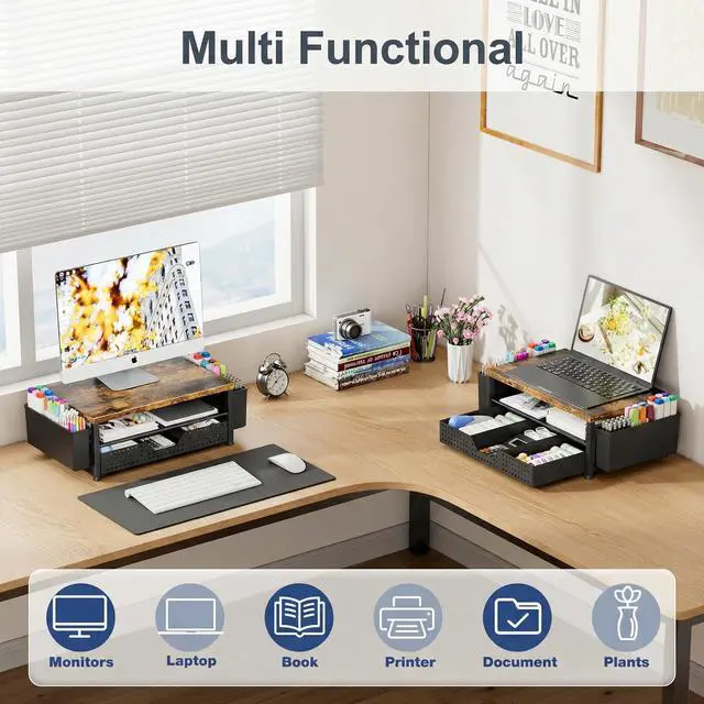 Alt view image 5 of 7 - Wood Desk Organizer, 2-Tier Computer Monitor Stand Riser with Storage Drawer and 2 Pen Holders, Laptop & Printer Stand, Shelf for Top of Desk (Rustic Brown)
