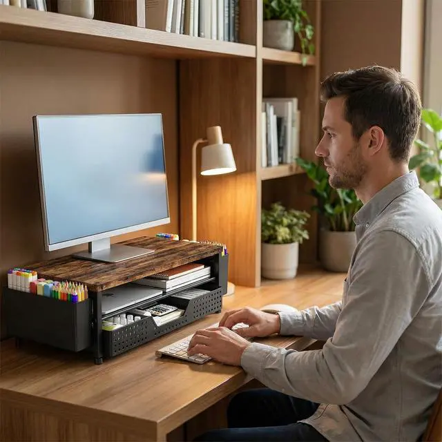 Alt view image 6 of 7 - Wood Desk Organizer, 2-Tier Computer Monitor Stand Riser with Storage Drawer and 2 Pen Holders, Laptop & Printer Stand, Shelf for Top of Desk (Rustic Brown)