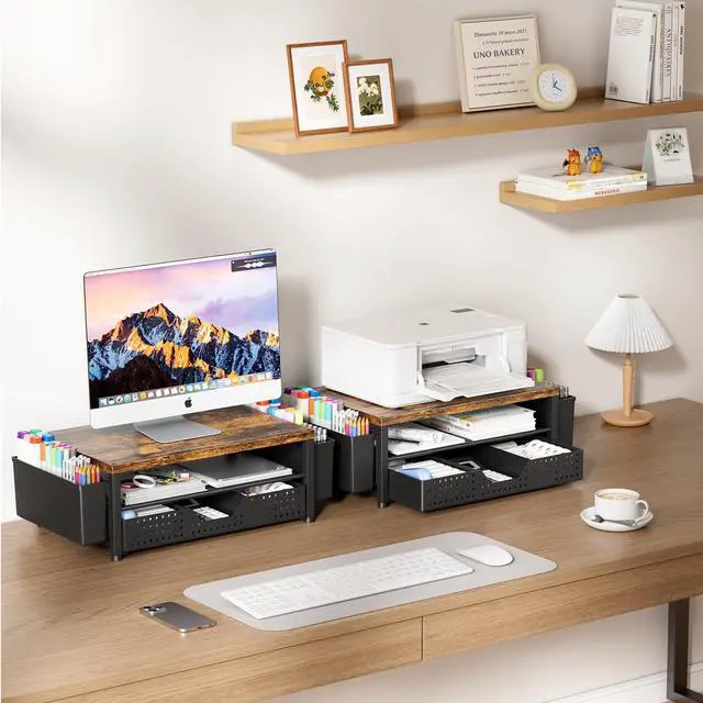 Alt view image 7 of 7 - Wood Desk Organizer, 2-Tier Computer Monitor Stand Riser with Storage Drawer and 2 Pen Holders, Laptop & Printer Stand, Shelf for Top of Desk (Rustic Brown)