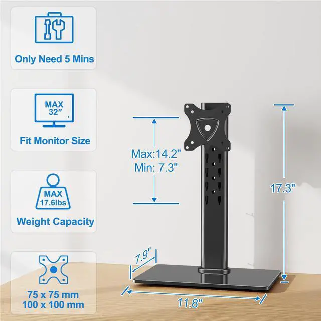 Alt view image 5 of 7 - Single Monitor Stand Fits Max 32 inch Computer Screen, Free-Standing Desk Stand Hold up to 17.6lbs, Monitor Mount with Height Adjustment, Swivel, Tilt, Rotation, VESA Mount 75/100mm