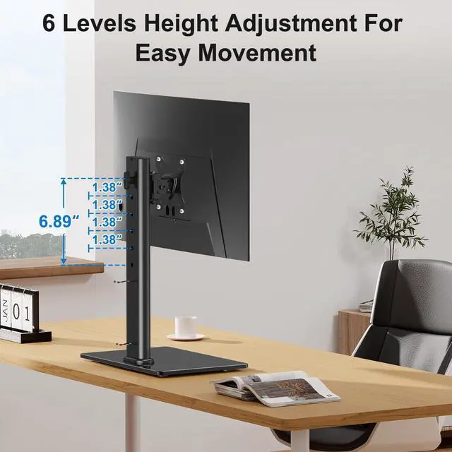 Alt view image 6 of 7 - Single Monitor Stand Fits Max 32 inch Computer Screen, Free-Standing Desk Stand Hold up to 17.6lbs, Monitor Mount with Height Adjustment, Swivel, Tilt, Rotation, VESA Mount 75/100mm