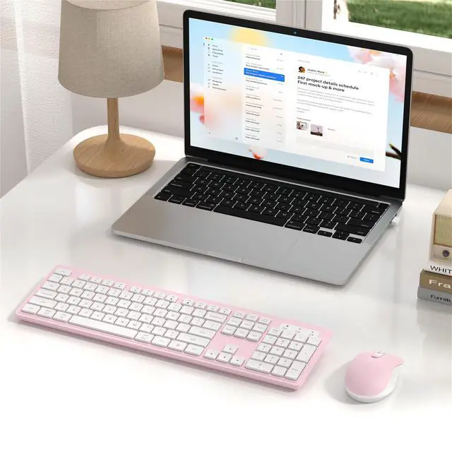 Alt view image 2 of 6 - Wireless Keyboard and Mouse Combo, Full-Size 104-Key Office Keyboard with 15 Function Keys, Numeric Keypad, Single USB Receiver, Compatible with PC and Laptop(Pink White)