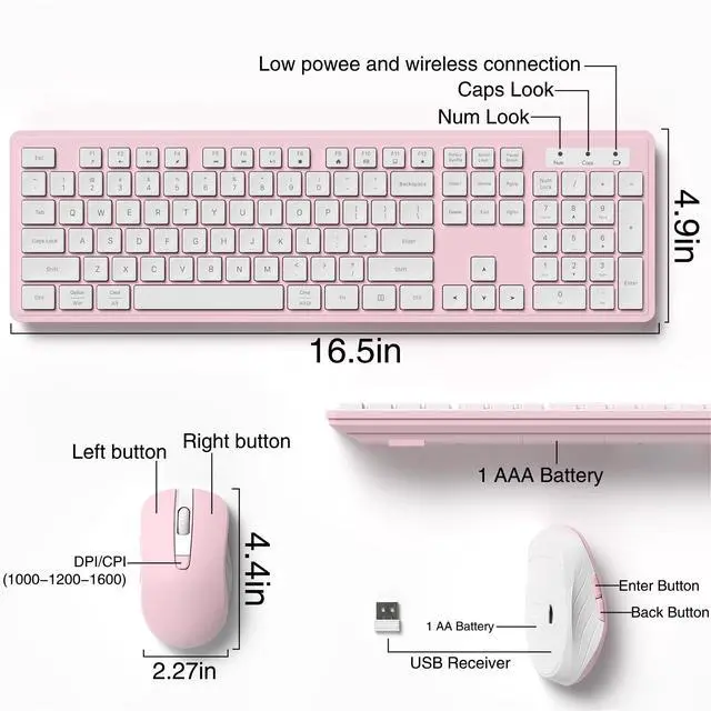 Alt view image 6 of 6 - Wireless Keyboard and Mouse Combo, Full-Size 104-Key Office Keyboard with 15 Function Keys, Numeric Keypad, Single USB Receiver, Compatible with PC and Laptop(Pink White)