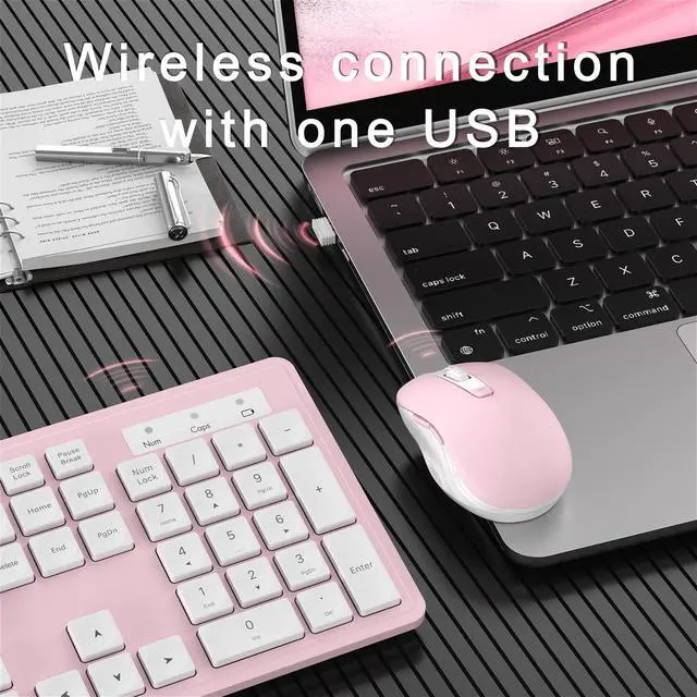 Alt view image 4 of 6 - Wireless Keyboard and Mouse Combo, Full-Size 104-Key Office Keyboard with 15 Function Keys, Numeric Keypad, Single USB Receiver, Compatible with PC and Laptop(Pink White)