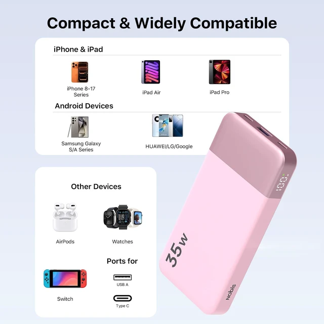 Alt view image 6 of 6 - NOBIS Power Bank 35W 10000mAh Portable Charger