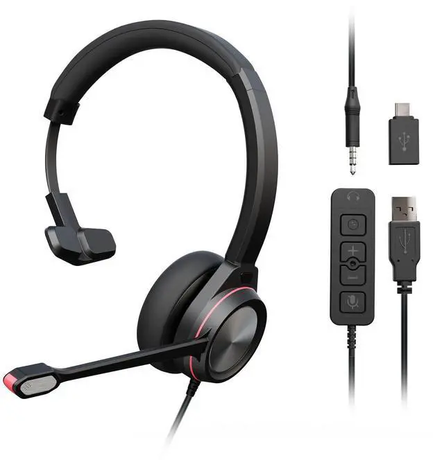 Main image of USB Headset with Microphone for PC, Mono Wired Computer Headset with 3.5mm & USB Dual Plug, Noise Cancelling Office Headphones for Call Center, Zoom, Teams, Laptop Mac