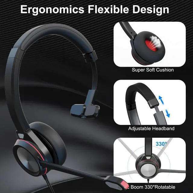 Alt view image 5 of 7 - USB Headset with Microphone for PC, Mono Wired Computer Headset with 3.5mm & USB Dual Plug, Noise Cancelling Office Headphones for Call Center, Zoom, Teams, Laptop Mac