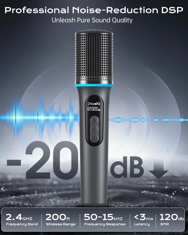 Alt view image 4 of 7 - Wireless Microphone, Professional Handheld Dynamic Mic with Rechargeable Receiver, 5-Level Volume Adjustment, Dynamic RGB Lighting, 40-Hour Battery Rechargeable Microphone for Karaoke and Weddings.