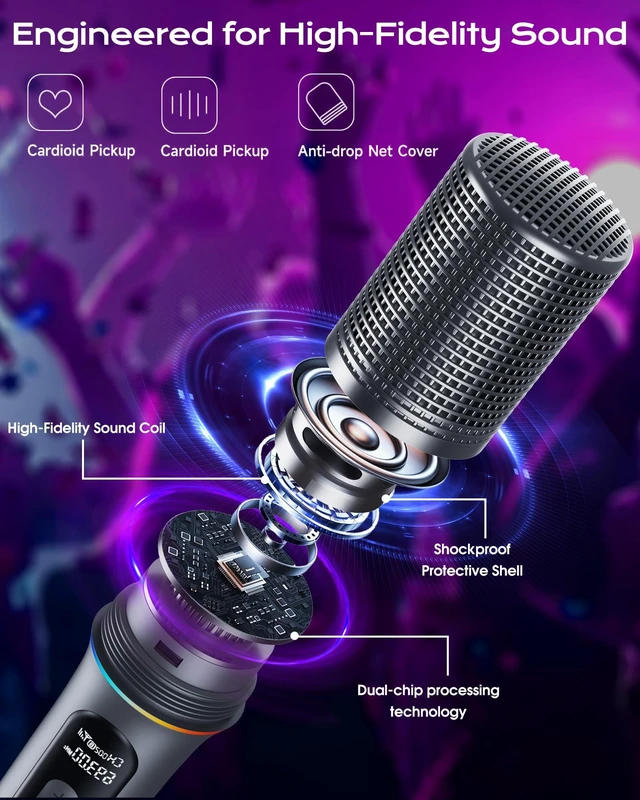 Alt view image 7 of 7 - Wireless Microphone, Professional Handheld Dynamic Mic with Rechargeable Receiver, 5-Level Volume Adjustment, Dynamic RGB Lighting, 40-Hour Battery Rechargeable Microphone for Karaoke and Weddings.