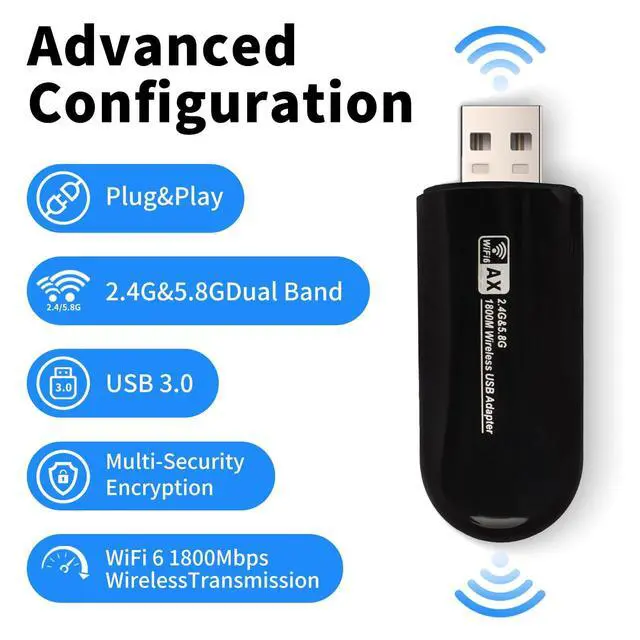 Alt view image 4 of 6 - WiFi Adapter for Desktop PC and Laptop Ultra-Fast 1800Mbps Wi-Fi 6 USB Wireless Network Adapter, Dual Band 2.4/5GHz,Compatible with Windows 11/10 Built in High Gain Antenna