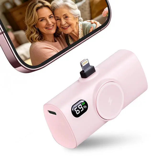 Main image of Small-Sized Pink Portable Charger for iPhone 12 mini/13 pro max, 5000mah Handy Backup Battery Pack for iPhone 14 plus, Ultra-compact Pinky Power Bank External Phone Battery Charger for Lightning Port