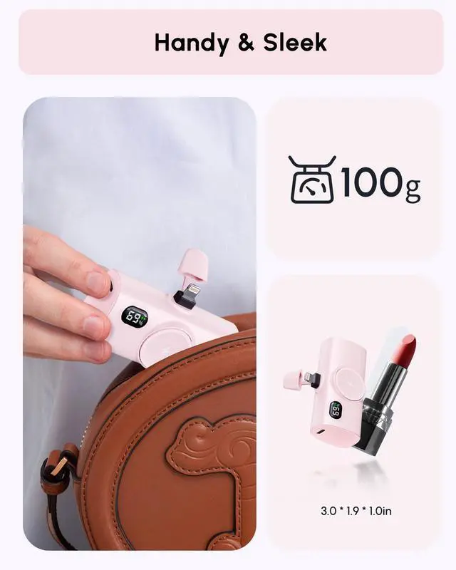 Alt view image 3 of 7 - Small-Sized Pink Portable Charger for iPhone 12 mini/13 pro max, 5000mah Handy Backup Battery Pack for iPhone 14 plus, Ultra-compact Pinky Power Bank External Phone Battery Charger for Lightning Port
