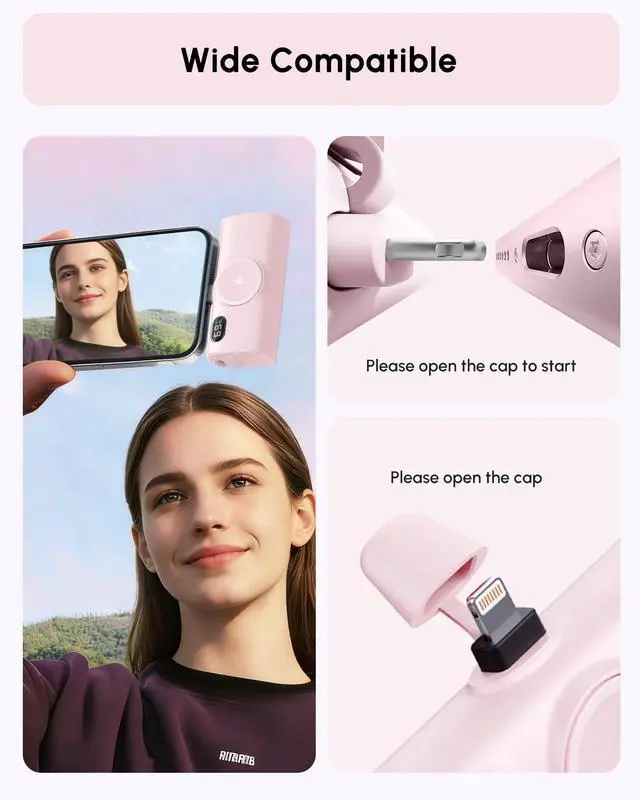 Alt view image 2 of 7 - Small-Sized Pink Portable Charger for iPhone 12 mini/13 pro max, 5000mah Handy Backup Battery Pack for iPhone 14 plus, Ultra-compact Pinky Power Bank External Phone Battery Charger for Lightning Port
