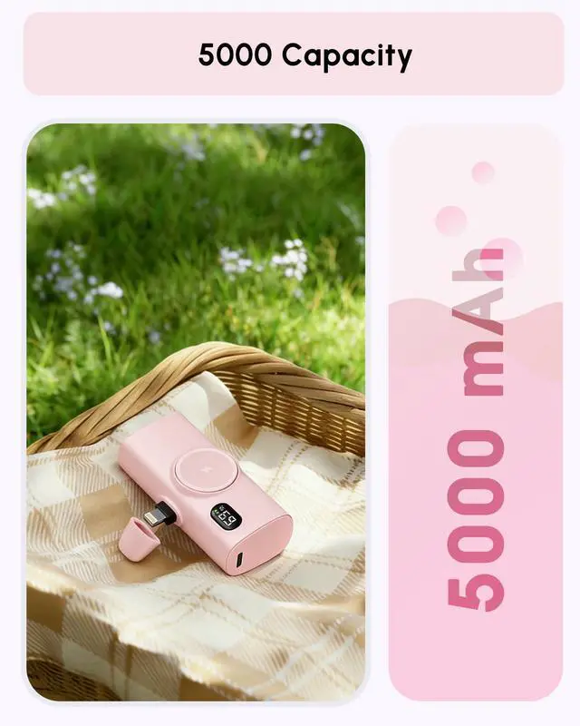 Alt view image 5 of 7 - Small-Sized Pink Portable Charger for iPhone 12 mini/13 pro max, 5000mah Handy Backup Battery Pack for iPhone 14 plus, Ultra-compact Pinky Power Bank External Phone Battery Charger for Lightning Port